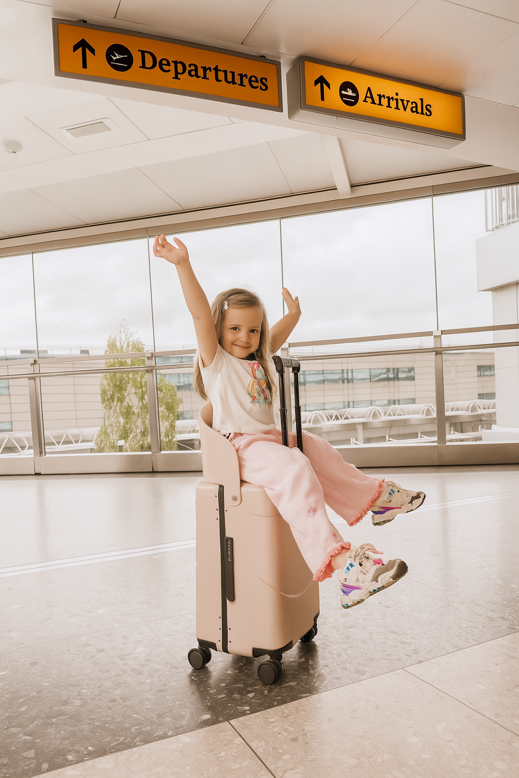 Kendi Premium Ride-On Cabin Suitcase with Aluminium Frame & Built-in Seat – Blush Pink